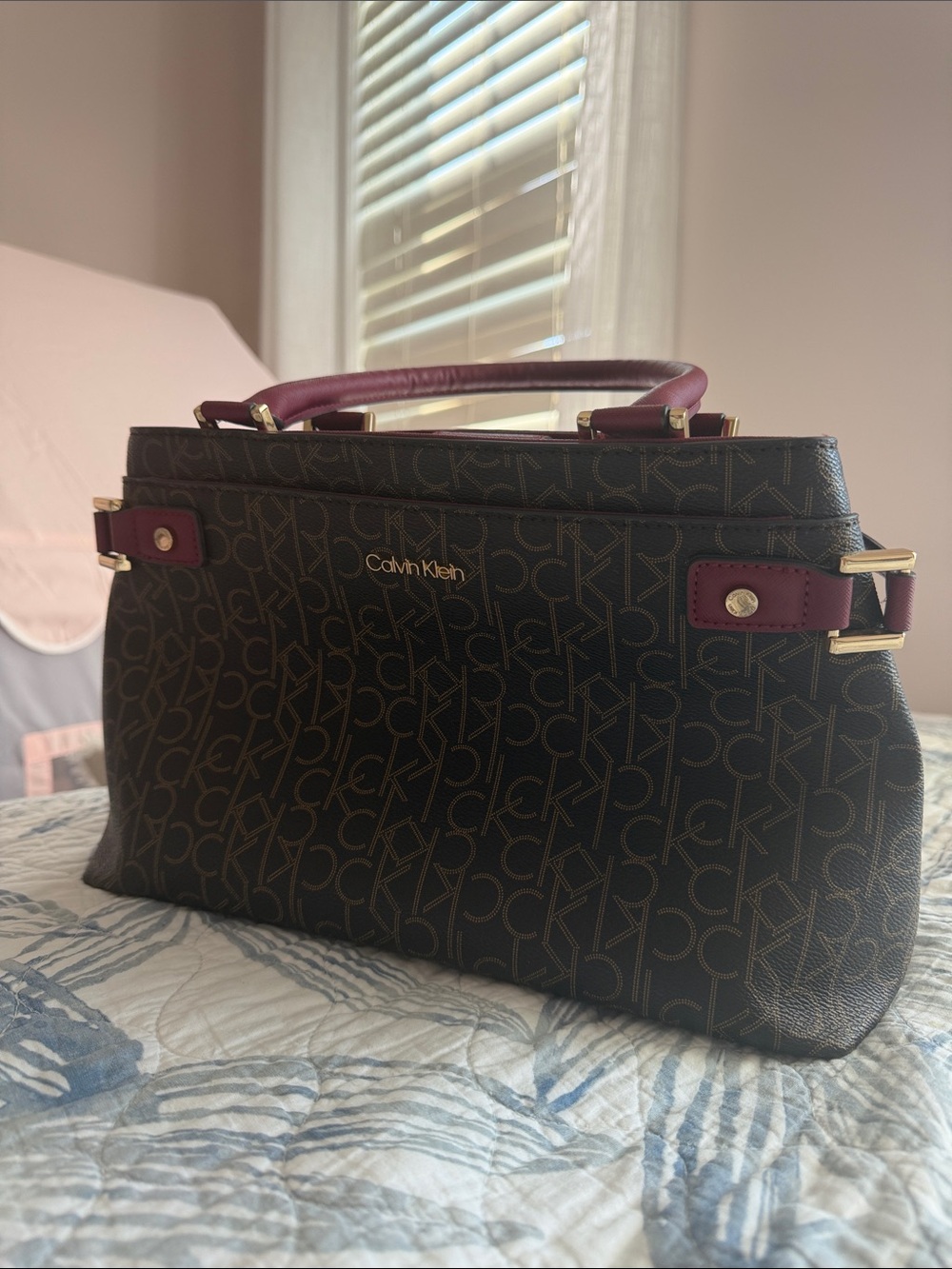 Calvin Klein Black Logo Satchel with Burgundy Handles and Trim